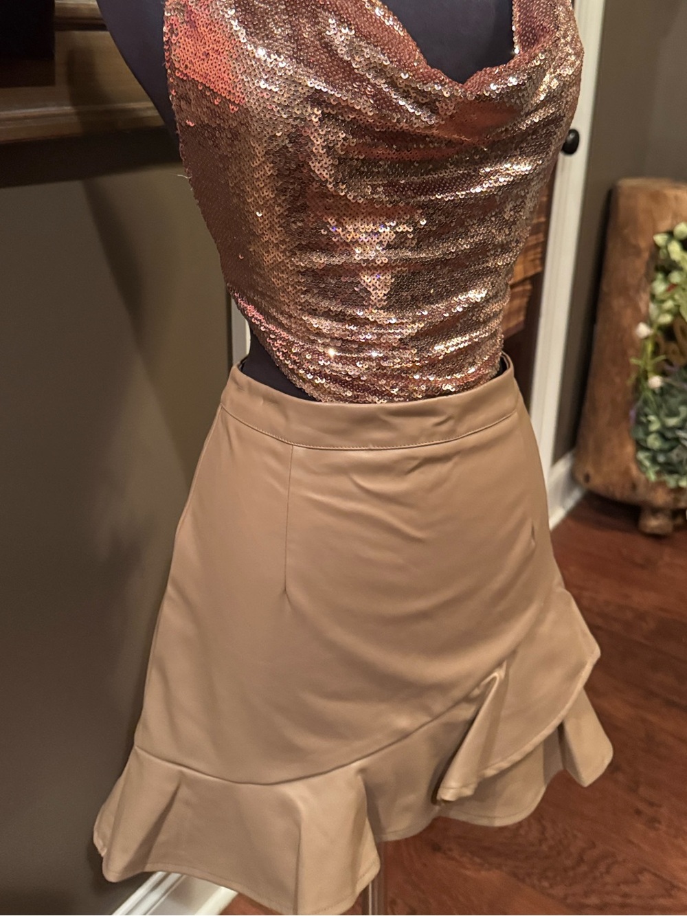 Forever 21 Taupe Faux Leather Ruffle-Hem Mini Skirt